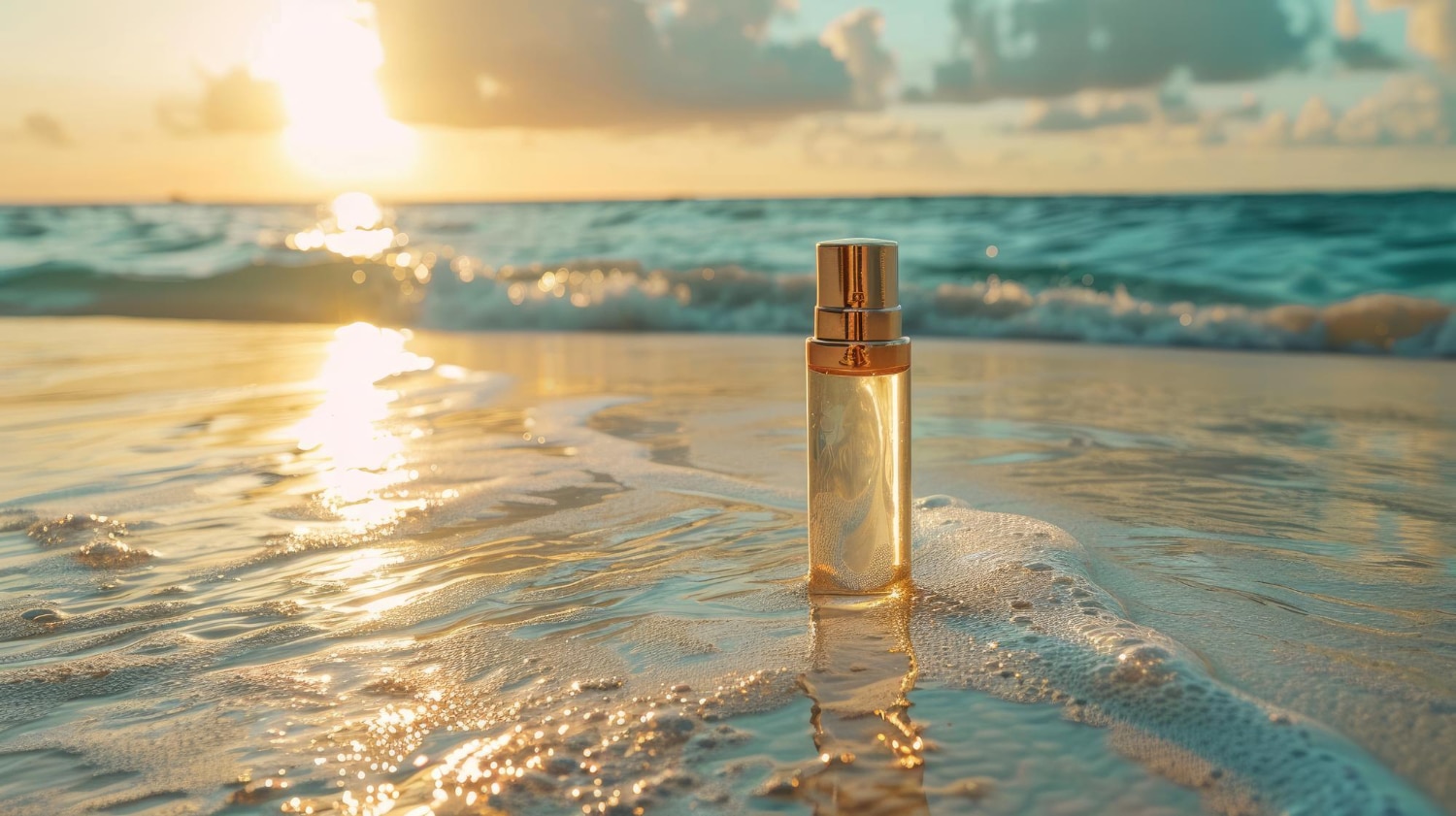 Kwiatowe perfumy na lato na tle morza