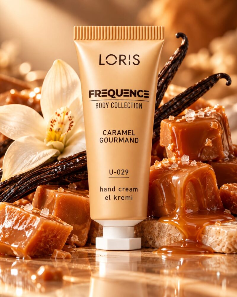 Złocistobeżowa tubka kremu do rąk Loris Frequence Caramel Gourmand U-29 obok kostek karmelu i jasnego kwiatu.