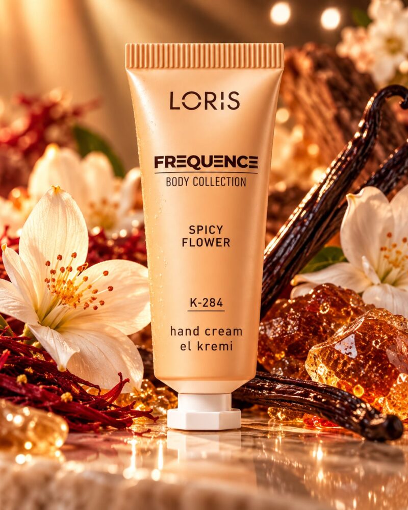 Jasnobeżowa tubka kremu do rąk Loris Frequence Spicy Flower K284 wśród jasnych kwiatów i złocistych dekoracji.