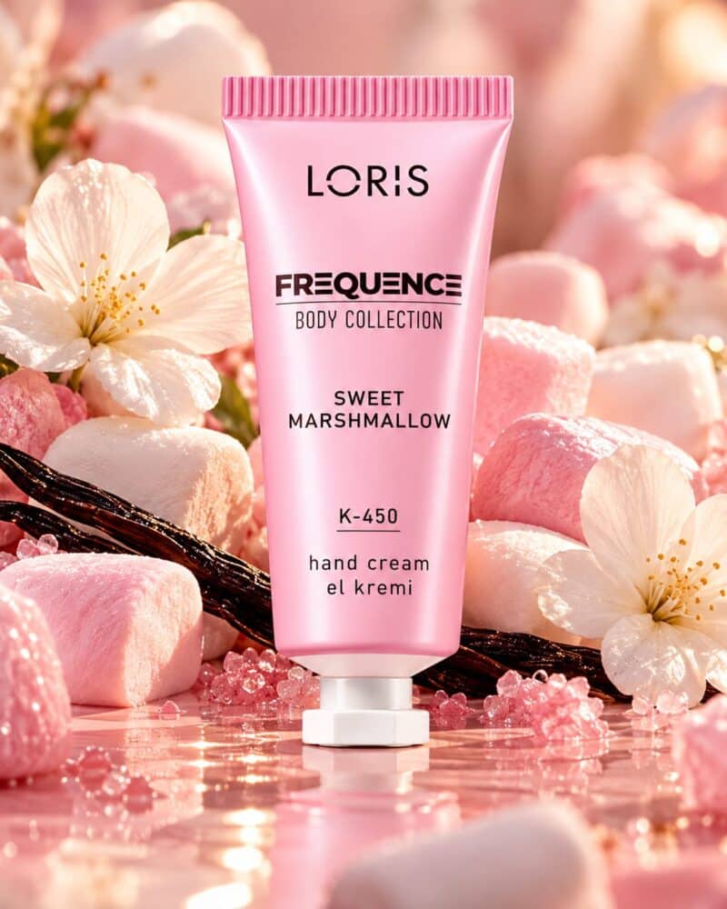 Różowa tubka kremu do rąk Loris Frequence Sweet Marshmallow K450 na tle pianek marshmallow i jasnych kwiatów.