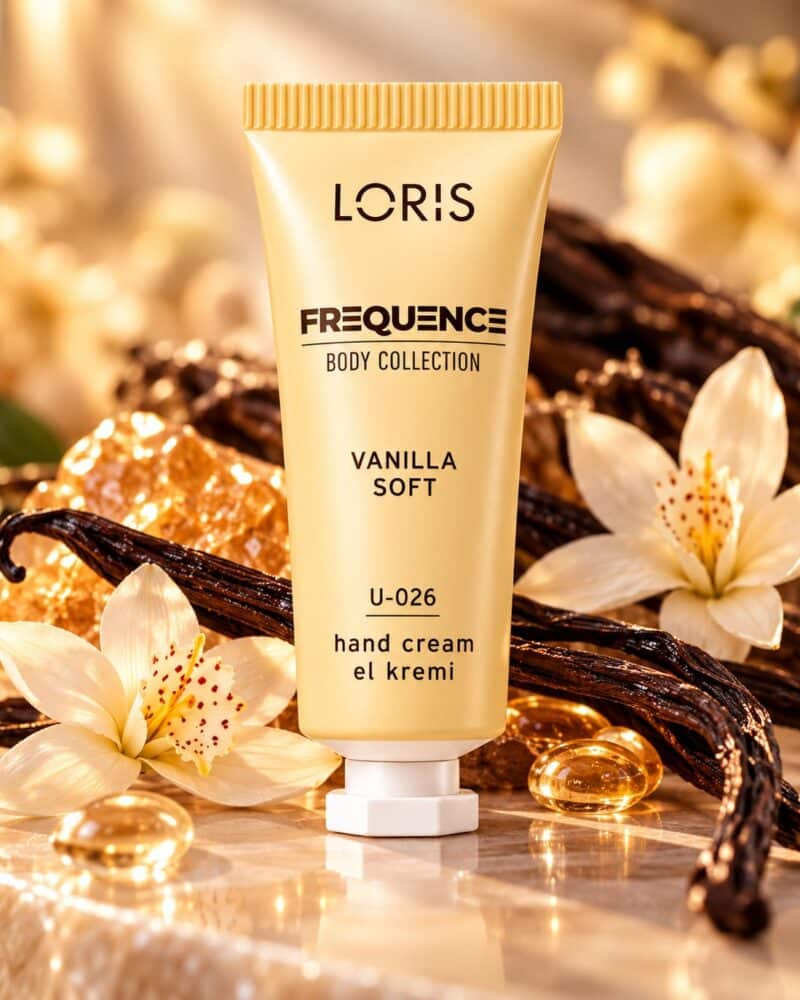 Jasnożółta tubka kremu do rąk Loris Frequence Vanilla Soft U-26 na tle jasnych kwiatów i ciemnych lasek.