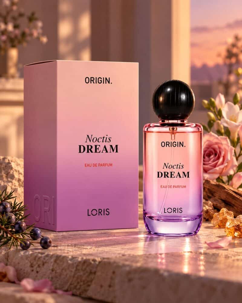 Różowo-fioletowy flakon Loris Origin Noctis Dream z czarną kulistą nakrętką obok gradientowego pudełka.