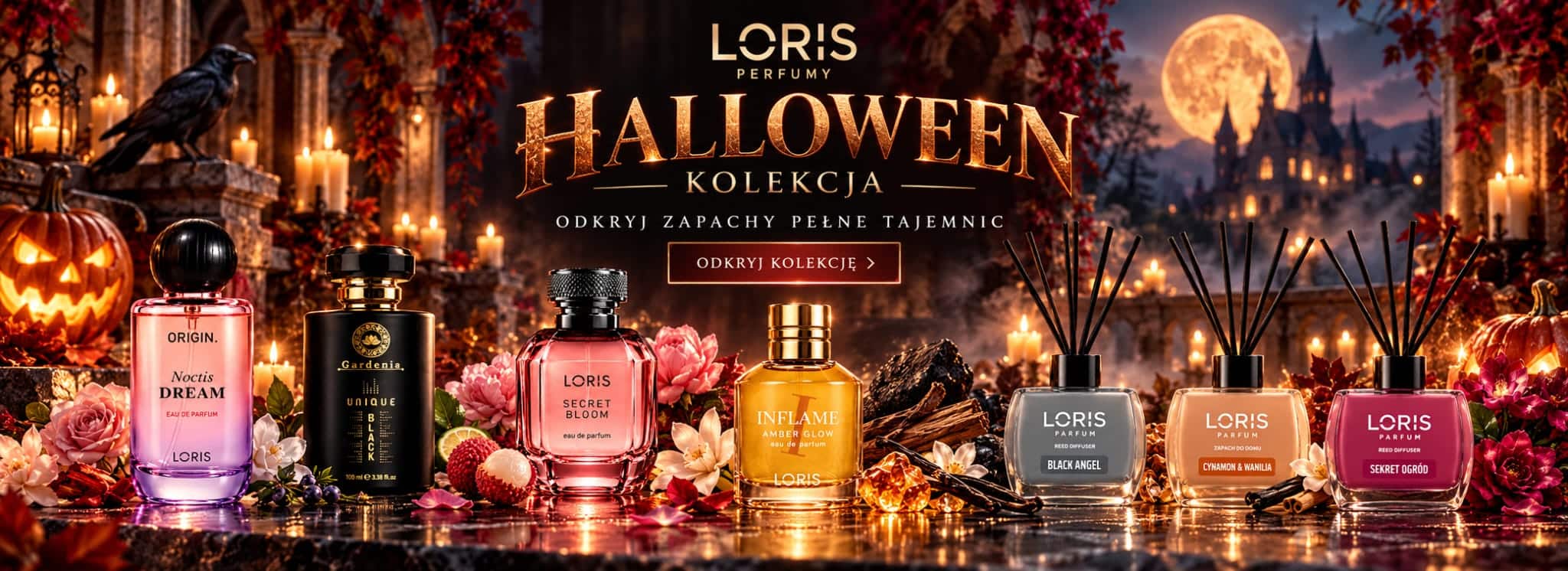LORIS Halloween 2026 – kolekcja perfum niszowych i zapachów do domu na tle halloweenowej scenerii z dyniami, świecami i pełnią księżyca.