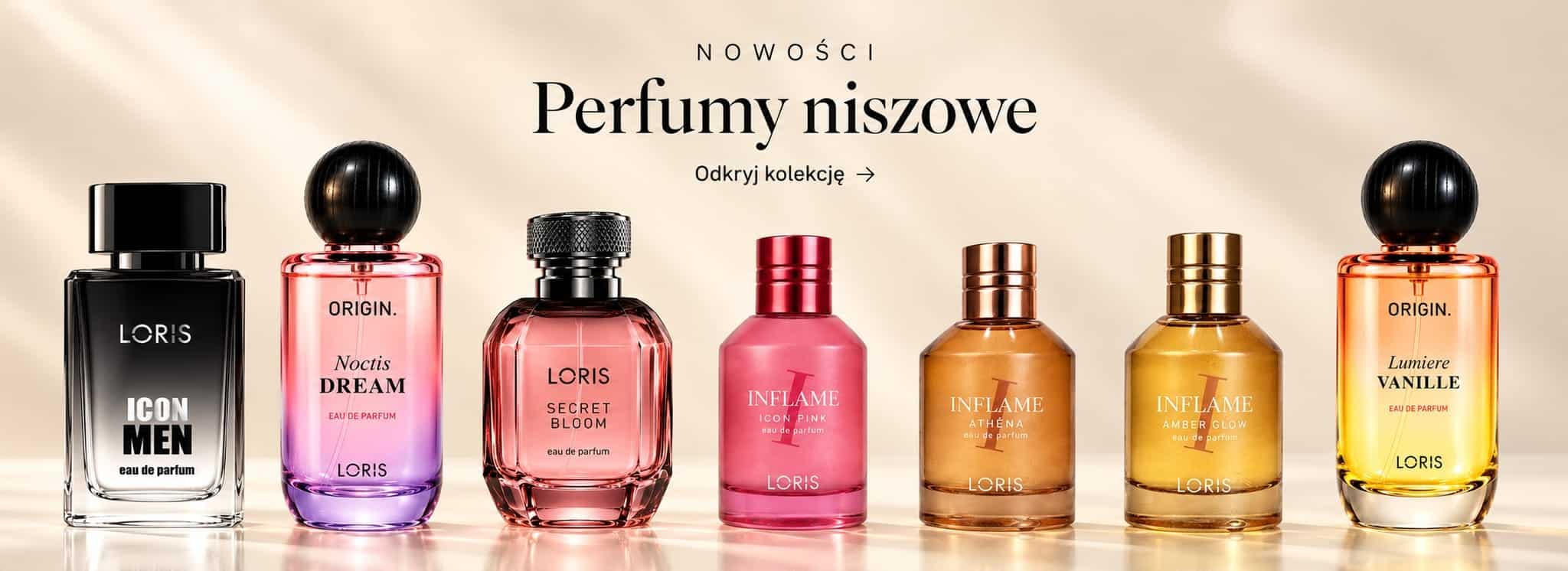 Siedem flakonów nowych perfum niszowych Loris ustawionych w jednym rzędzie na jasnym, szampańskim tle.